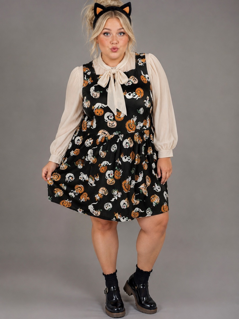 Modcloth Truth Or Square Linen Sleeveless Halloween Dress Boo Cats Black 16 NWT